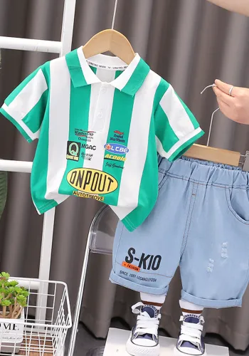 Children's Summer Casual Vertical Stripe Turndown Collar Short Sleeve Boys Polo Shirt Shorts Baby Summer Fashion Two Piece Set