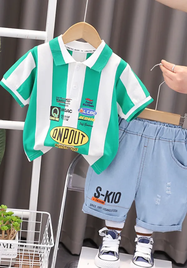 Children's Summer Casual Vertical Stripe Turndown Collar Short Sleeve Boys Polo Shirt Shorts Baby Summer Fashion Two Piece Set