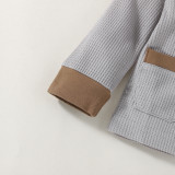 Boys Spring Autumn Solid Color Round Neck Single Breasted Striped Long Sleeve Shirt Trouser Set