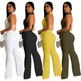 Women's Spring Summer Button Turndown Collar Micro Bell Bottom Pants Sleeveless Pocket Cargo Jumpsuit With Belt