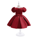 Girls Princess Dress Red Puff Sleeve Children's Dress Performance Costume Dress