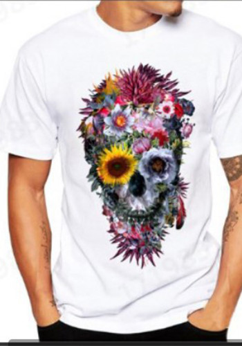 Skull Flower Print T-Shirt Short Sleeve Punk Street Style