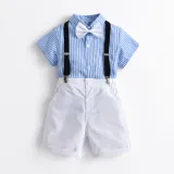 Boys Gentleman Suit Short Sleeve Striped Bow Tie Shirt Royal Blue Overalls Children's Day Clothing