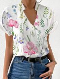Summer Loose V-Neck Stand Collar Printed Short Sleeve Shirtwomen's Clothing