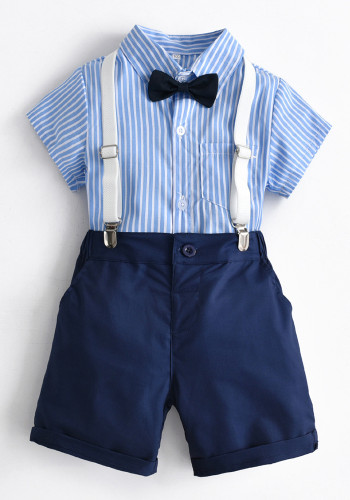 Herren-Anzug für Jungen, kurzärmelig, gestreift, mit Fliege, Hemd, königsblau, Overall, Kindertagskleidung