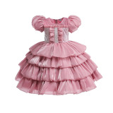 Girls Organza Puff Sleeve Cake Dress Children's Performance Birthday Fluffy Princess Dress