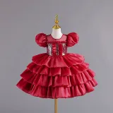 Girls Organza Puff Sleeve Cake Dress Children's Performance Birthday Fluffy Princess Dress