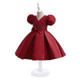 Girls Princess Dress Red Puff Sleeve Children's Dress Performance Costume Dress