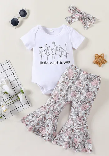 Girls Summer Suit White Short Sleeve Romper Flower Bell Bottom Pants Set
