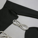 Women's Spring Dress Black Sexy Diamond Embellishment Off Shoulder Open Waist Midi Bandage Dress