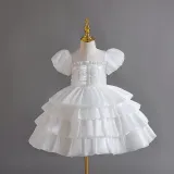 Girls Organza Puff Sleeve Cake Dress Children's Performance Birthday Fluffy Princess Dress