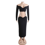 Women's Spring Dress Black Sexy Diamond Embellishment Off Shoulder Open Waist Midi Bandage Dress