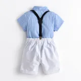 Boys Gentleman Suit Short Sleeve Striped Bow Tie Shirt Royal Blue Overalls Children's Day Clothing