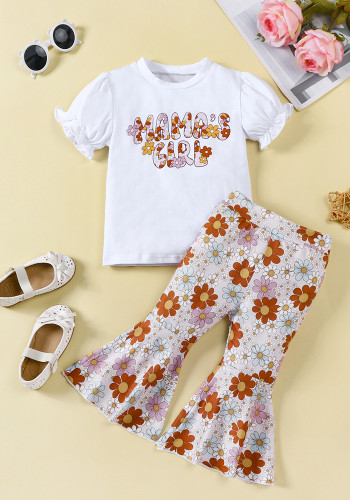 Niñas primavera verano manga corta letra impresa algodón camiseta conjunto de pantalones de campana niñas conjunto de bebé