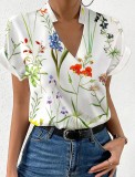 Summer Loose V-Neck Stand Collar Printed Short Sleeve Shirtwomen's Clothing
