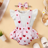 Girls Spring And Autumn Solid Color Sleeveless Top + Heart Print Straps Romper Three-Piece Set