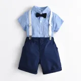 Boys Gentleman Suit Short Sleeve Striped Bow Tie Shirt Royal Blue Overalls Children's Day Clothing