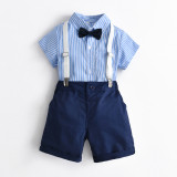 Boys Gentleman Suit Short Sleeve Striped Bow Tie Shirt Royal Blue Overalls Children's Day Clothing