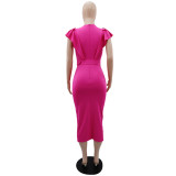 Solid Color V Neck Chic High Waist Ruffle Sleeve Slim Bodycon Dress