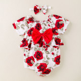 Summer Baby Romper Bowknot Rose Ruffle Jumpsuit Newborn Triangle Romper Hair Accessories 2-Piece Set