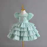 Girls Organza Puff Sleeve Cake Dress Children's Performance Birthday Fluffy Princess Dress