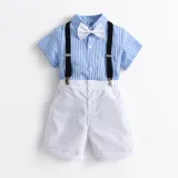 Boys Gentleman Suit Short Sleeve Striped Bow Tie Shirt Royal Blue Overalls Children's Day Clothing