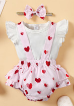 Girls Spring And Autumn Solid Color Sleeveless Top + Heart Print Straps Romper Three-Piece Set