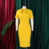 Women's Fashion Short Sleeve Lace-Up Slim Pencil Vocation Chic Dress