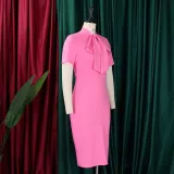 Women's Fashion Short Sleeve Lace-Up Slim Pencil Vocation Chic Dress