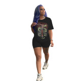 Ladies Fashionable Casual Solid Color Graphic Printing Short Sleeve Shorts Two-Piece Set
