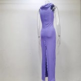 Summer Ladies Solid Color Hooded Sleeveless Bodycon Slit Dress Women