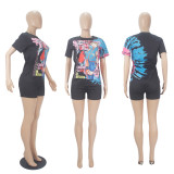 Ladies Fashionable Casual Solid Color Graphic Printing Short Sleeve Shorts Two-Piece Set