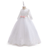 Half-Sleeve Trendy Girls Pouf White Wedding Dress Sweet Princess Catwalk Flower Girl Formal Party Dress