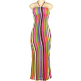 Summer Women Fashion Stripe Color Block Halter Neck Lace Up Sexy Slim Fit Dress