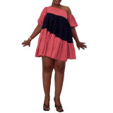 Plus Size Women Sexy Contrasting Color One Shoulder Balloon Sleeve Dress