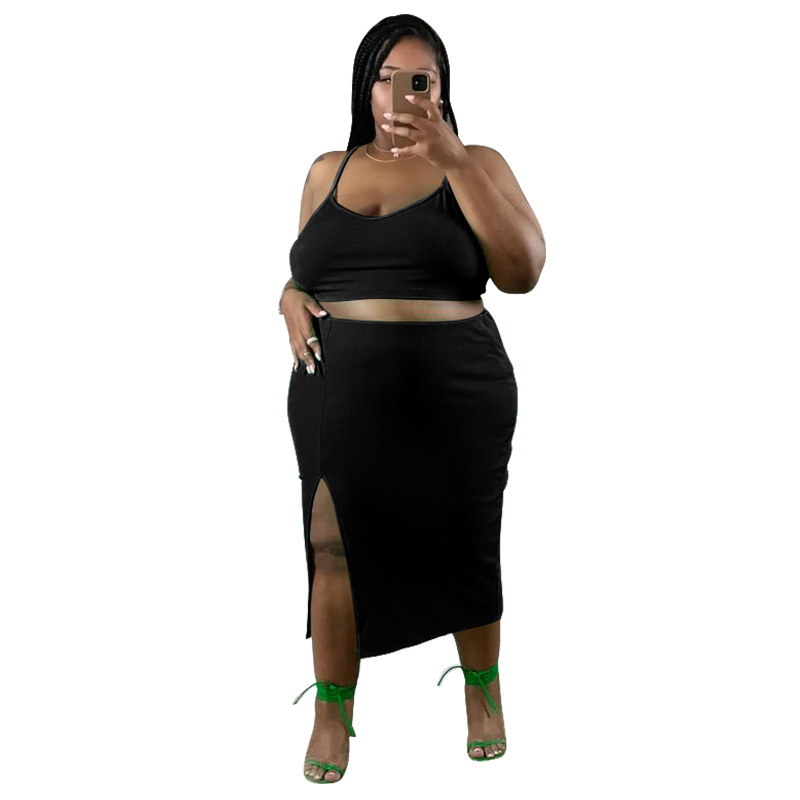 Plus Size Women Solid Top and Slit Sexy Skirt Two-Piece Set - The
