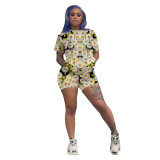 Women Casual Short Sleeve Printed T-Shirt and Shorts Two-Piece Set