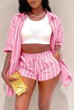 Women summer printed striped short-sleeved shirt + shorts two-piece set