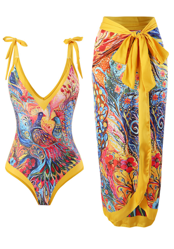 Women Bikini Beach Mesh Long Skirt Bikini Swimwear Two-Piece Set