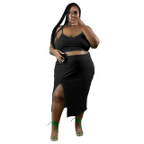 Plus Size Women Solid Top and Slit Sexy Skirt Two-Piece Set