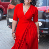 Women's Summer V Neck Slim Waist Fashion Pleated Maxi African Dress