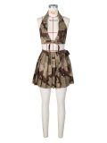 Sexy Women's Camouflage Halter Tie Backless Top Pleated Skirt Fashion Two Piece Set