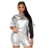 Women's Fashion Casual Metal COLor SOLid Short Sleeve Two-Piece Shorts Set Women's Clothing