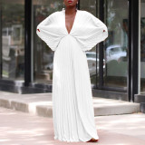 Plus Size Women's Summer V-Neck Bat Sleeves Loose Casual Pleated Dress