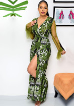 Women's Mesh Long Sleeve Patchwork Print V-Neck Slit Maxi Dress