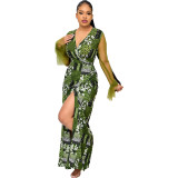 Women's Mesh Long Sleeve Patchwork Print V-Neck Slit Maxi Dress
