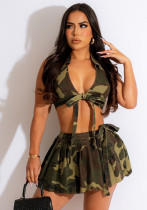 Sexy Women's Camouflage Halter Tie Backless Top Pleated Skirt Fashion Two Piece Set