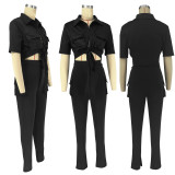 Women's Casual SOLid COLor  Short Sleeve Shirt Slit Trousers Two Piece Set