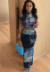 Women Fashion Sexy Elastic Digital Printing Two-Piece Skirt Set