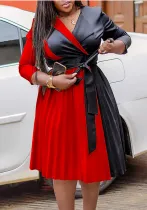 Africa Plus Size Women's Fashion Chic COLorblock Lace-Up Pleated Elegant Dress